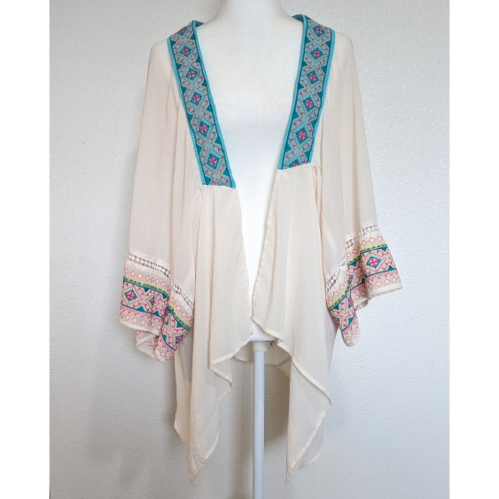 A. Peach Cream & Mint Aztec Print Short Sleeve Sheer Kimono Size Small